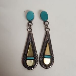 Vtg Native American Turquoise& Sterling Silver Teardrop Earrings Signed Teme WOW